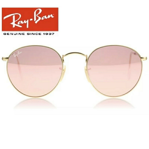 Ray Ban Round Metal Pink Mirror Lenses Gold Frame RB3447 Women - Men New - Picture 1 of 15